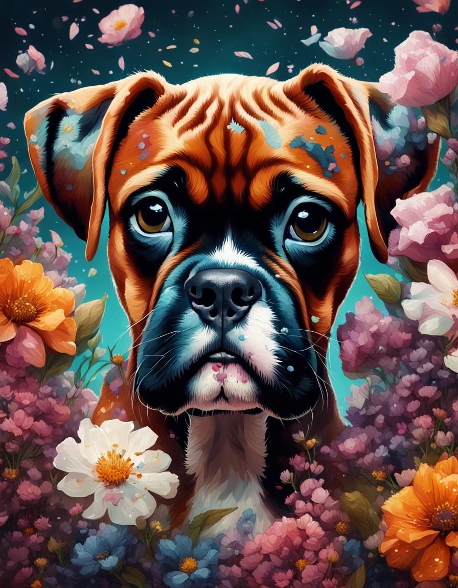 Boxer Puppy Portrait with Flowers, Detailed Matte Painting