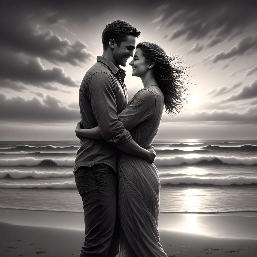 Romantic Beach Embrace in Pencil and Charcoal Sketch