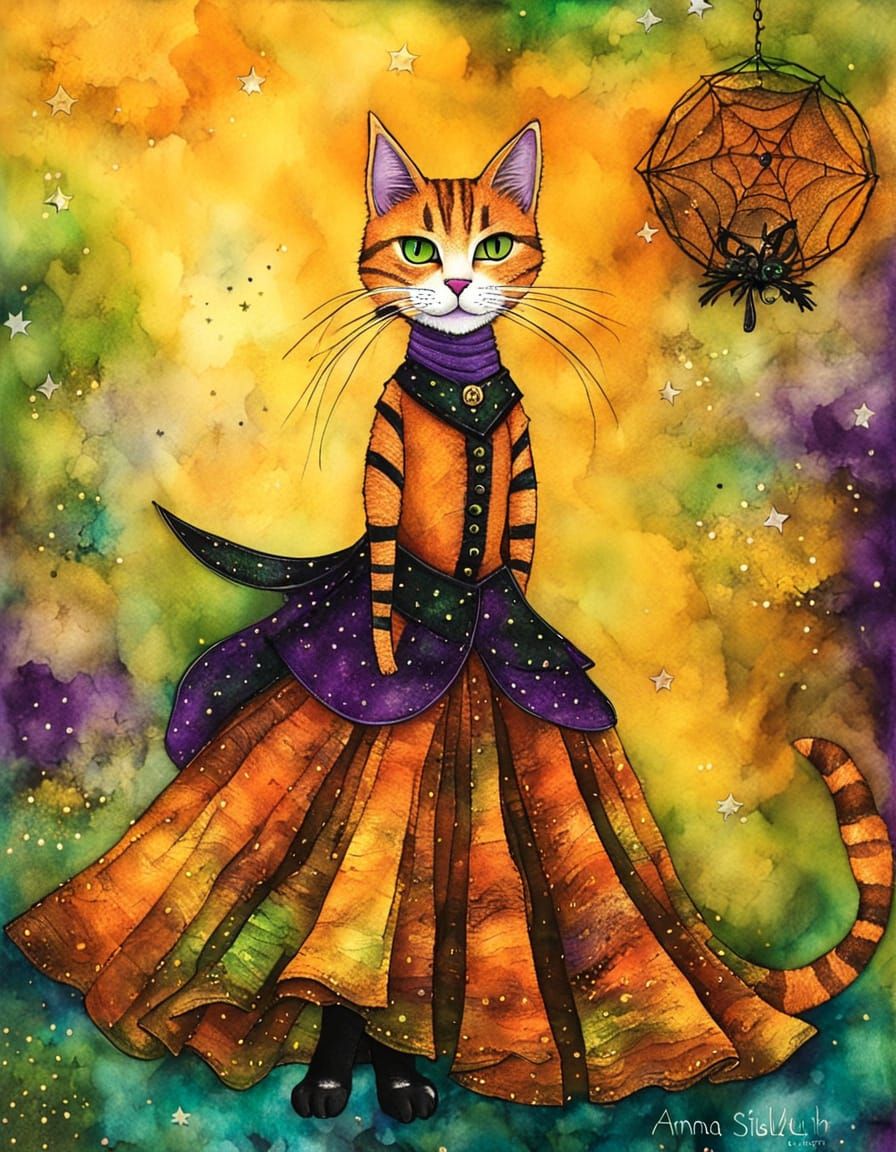 Orange Tabby Witch Cat in Halloween Costume