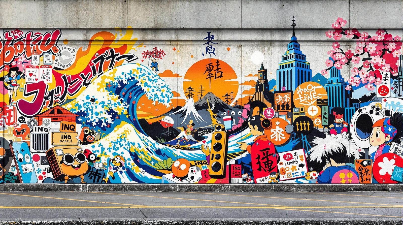 Urban Graffiti Mural: 2000s Meets Japanese Art