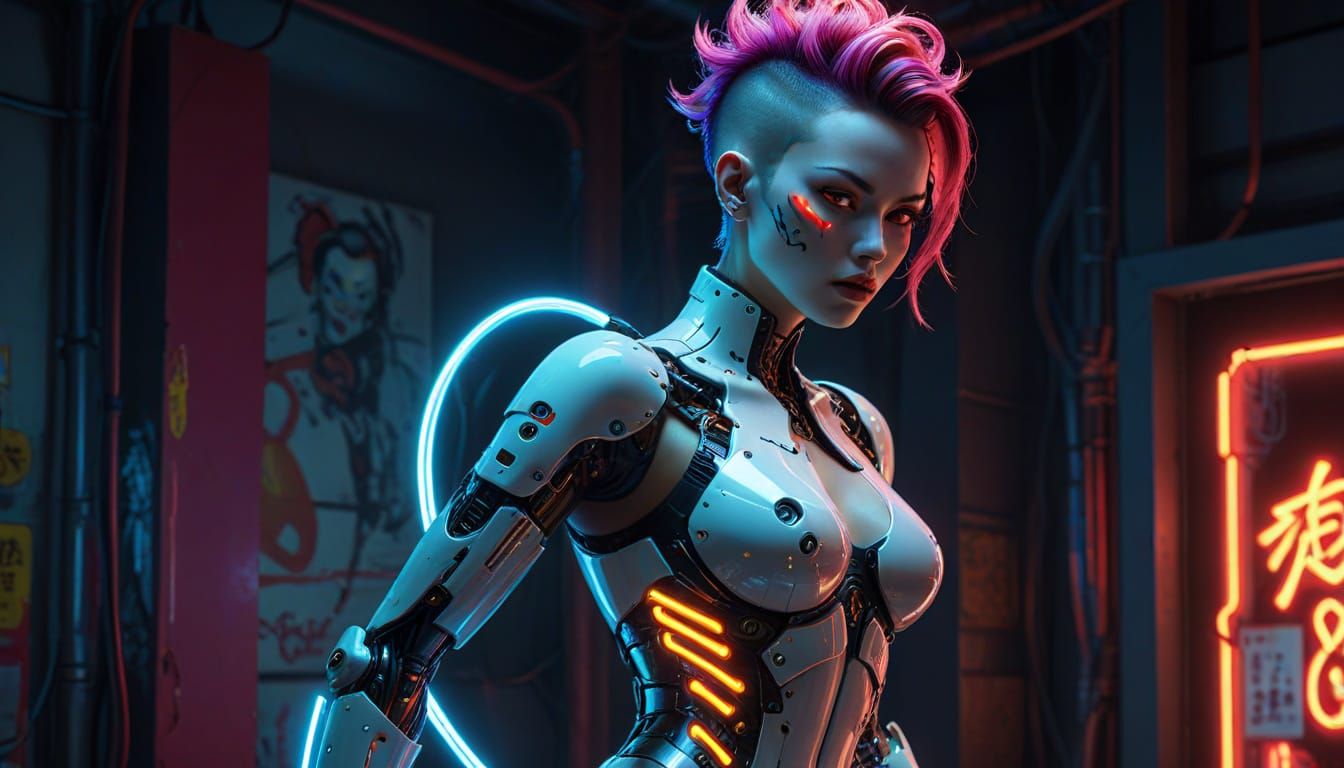 Cyberpunk Gynoid Pinup with Neon Lights