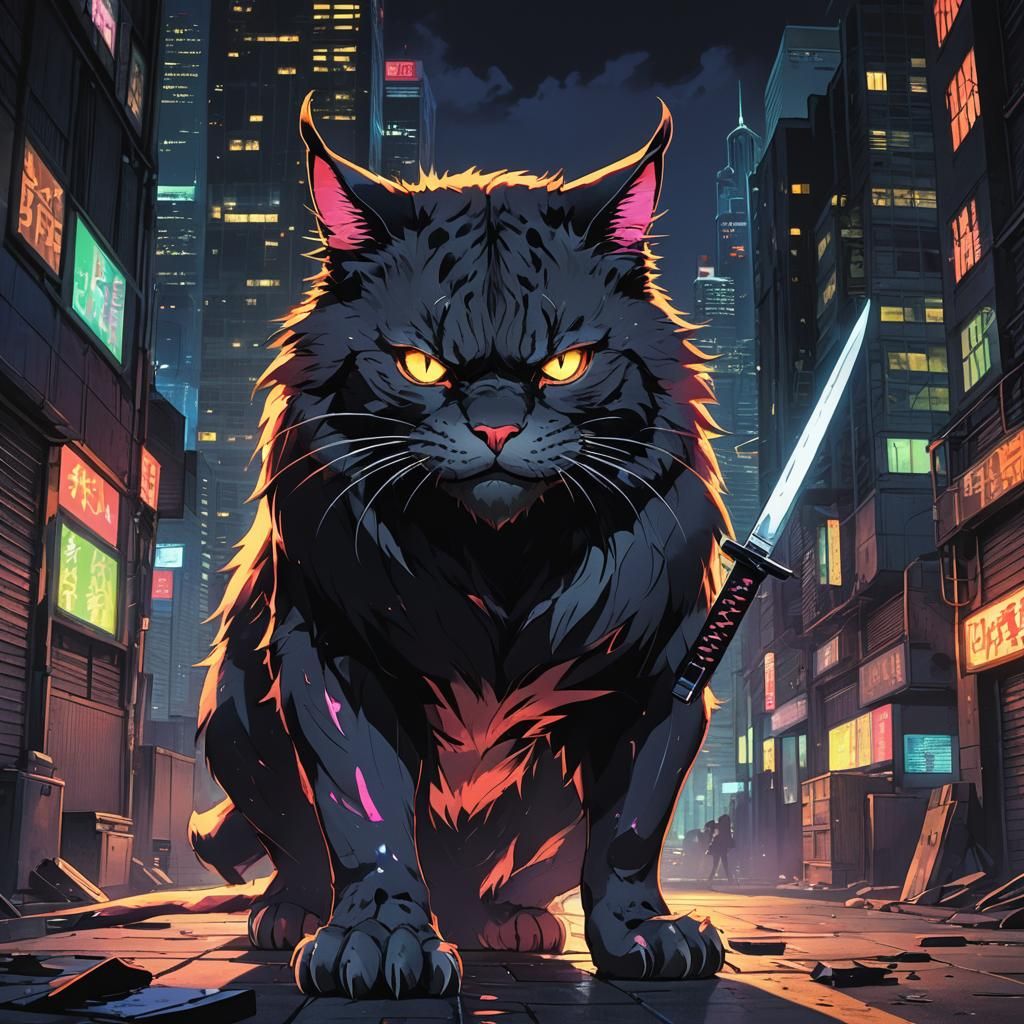 Monster Cat Wielding Knife in Dark Alley: Manga Style