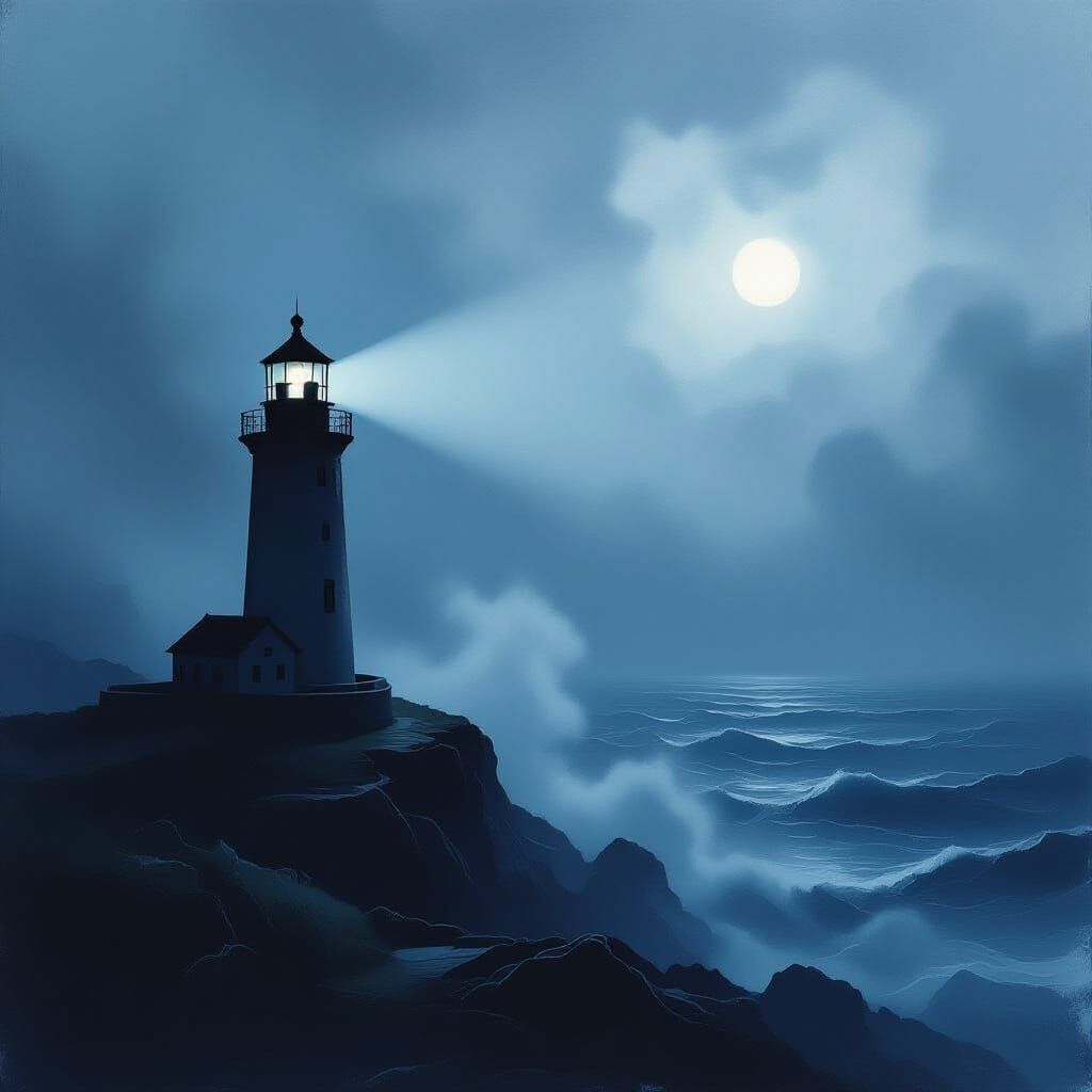 Solitary Lighthouse Keeper in Ethereal Fog