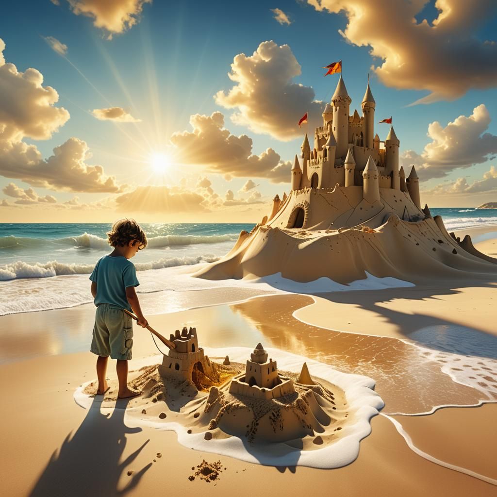 Boy's Dreamlike Sandcastle on Beach: Surreal Digital Art