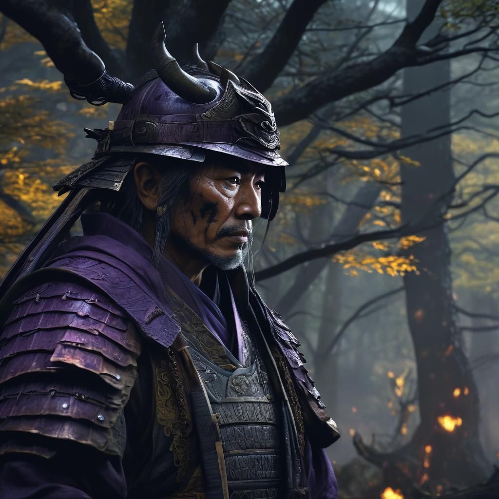 Aged Samurai in Mystical Forest, Dark Fantasy Art
