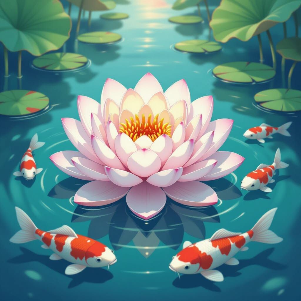 Lotus Pond with Koi Fish in Japanese Art Style