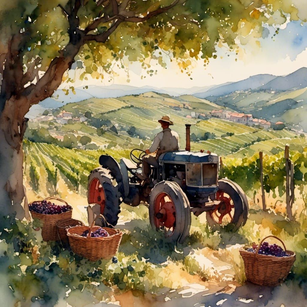 <lora:Acuarelas:1.0> tractor trabajando los viñedos