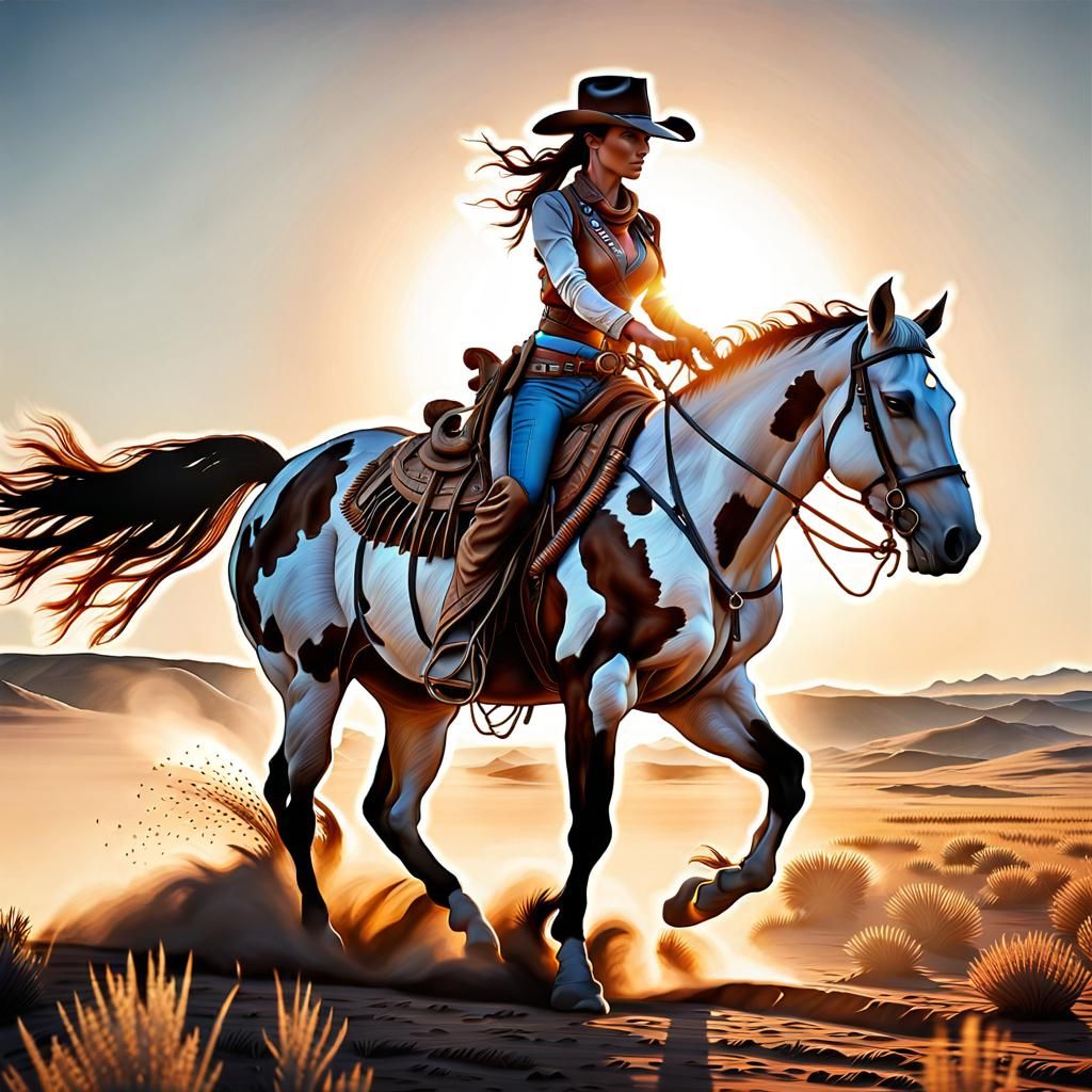Cowgirl on Horseback in Prairie Sunset