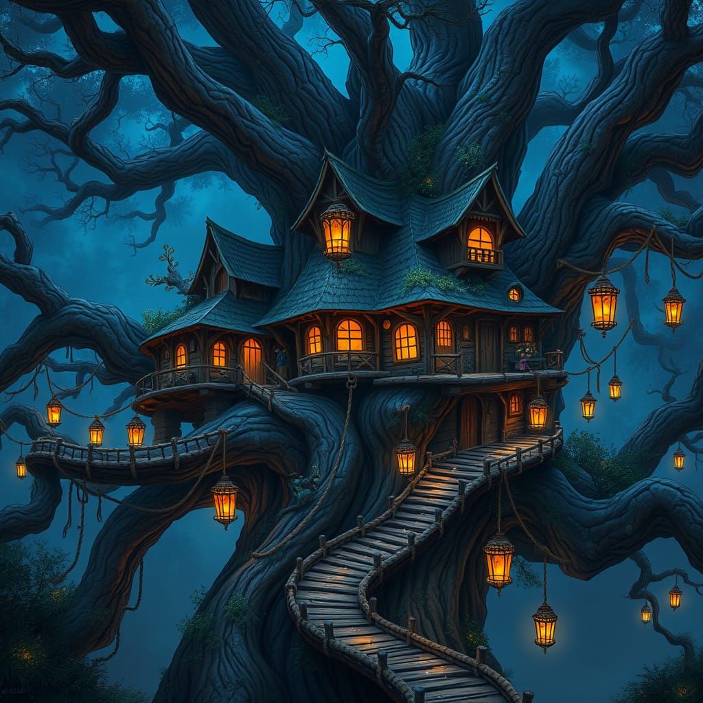 Whimsical Treehouse Village in Matte Painting Style