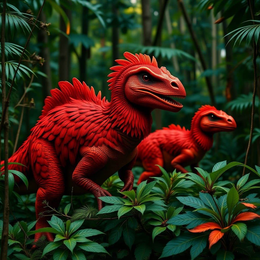 Vibrant Red Feathered Dinosaurs in Jurassic Rainforest