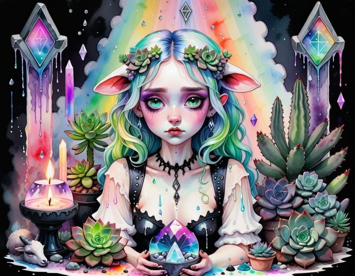 Pastel Goth Demoness Dripping Rainbow Liquid, Watercolour St...