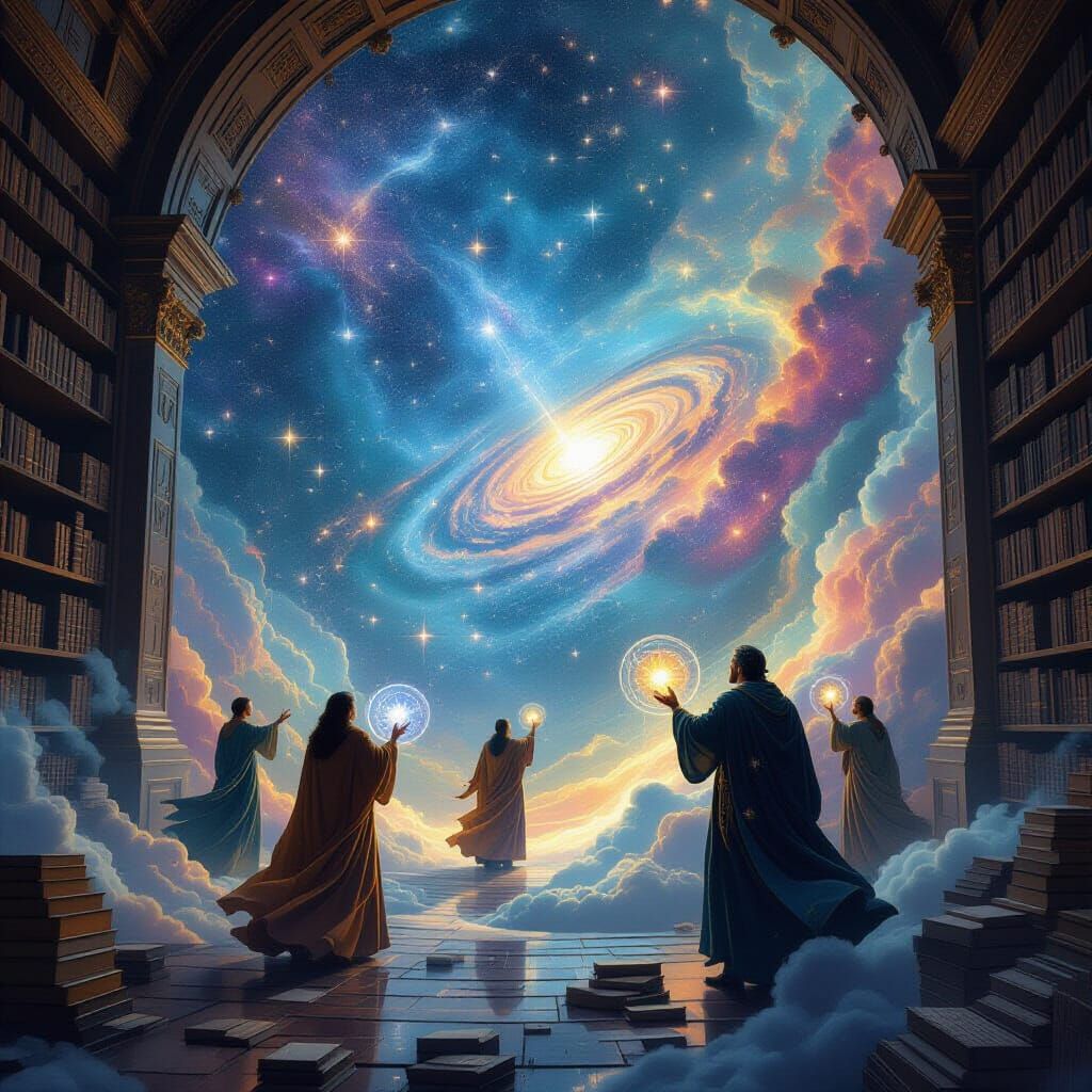 Celestial Cartographers Mapping Stars in Cosmic Library