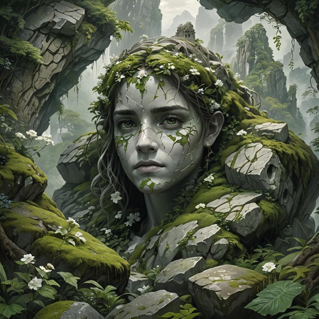 mountain with gray crumbling cracked sleeping emma watson stone golem in the forest covered in overgrowth underneath a b...
