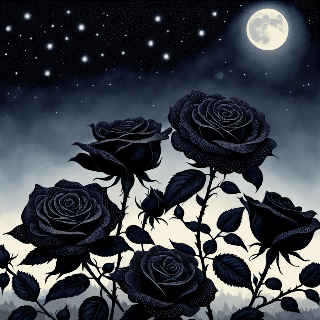 Eerie Pointillist Black Roses in Moonlight