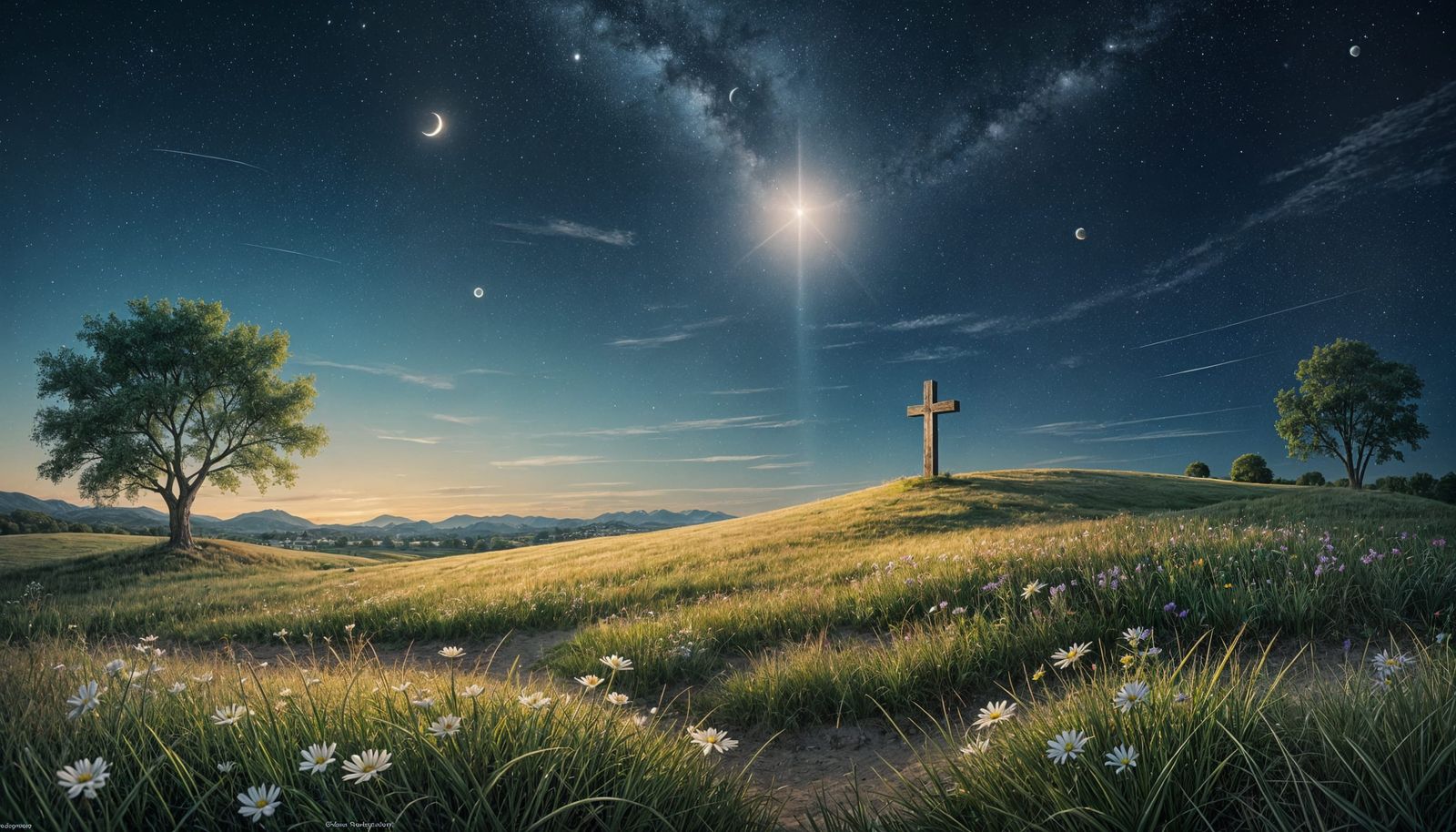 Peaceful Night Landscape with Cross on Hill
