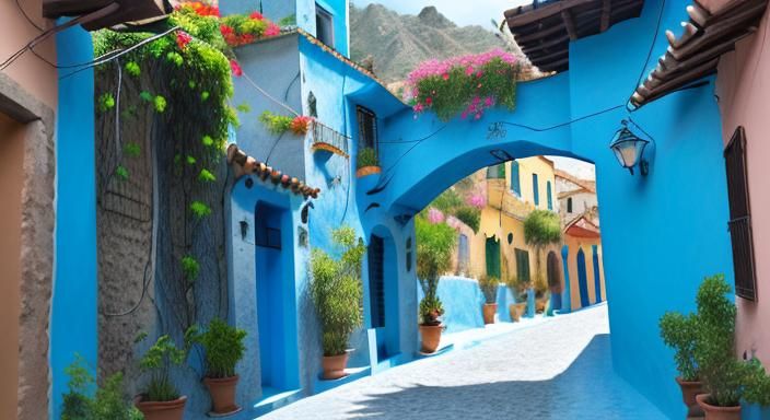 Italian Alley with Bougainvillea and Mountain View