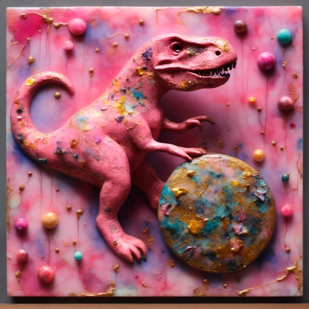 Encaustic Pink T-Rex Banging a Gong