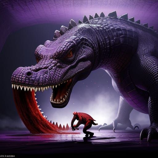 Red Crocodile Emerges From Ring Jewel on Purple Screen