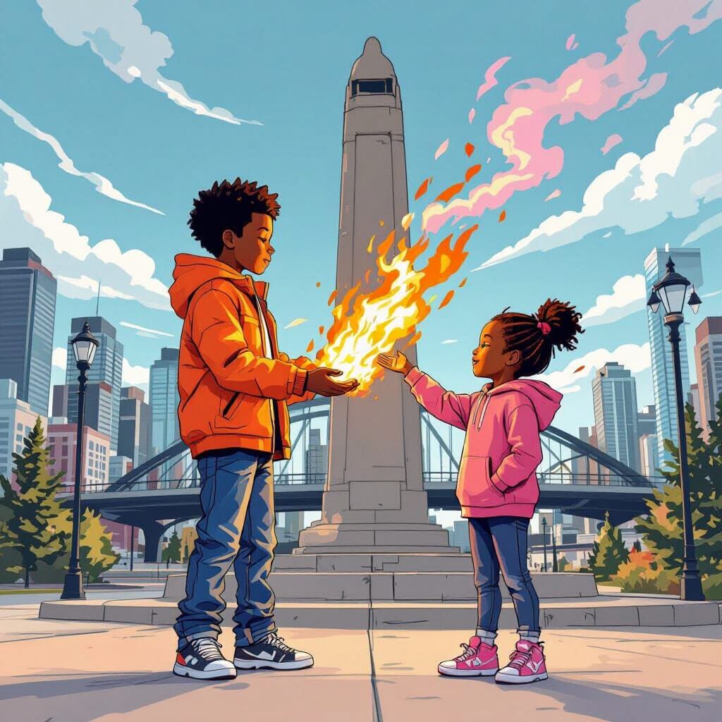 Fiery Teen and Sister Conjure Wind at Monument