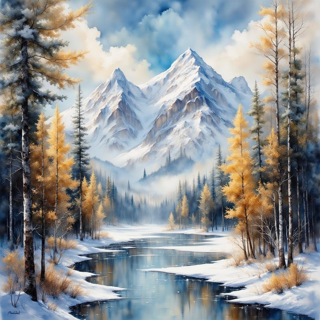 Siberian Wilderness Scene in Watercolor Style