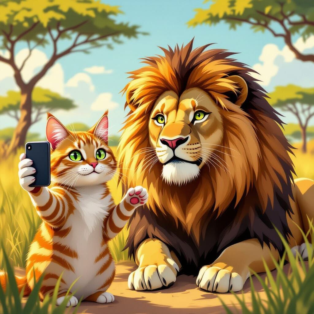 Cat Takes Selfie With Majestic Lion in Digital Art Style