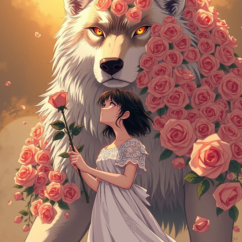 Gentle Girl Surrounded by Majestic Wolves and Blooming Roses...