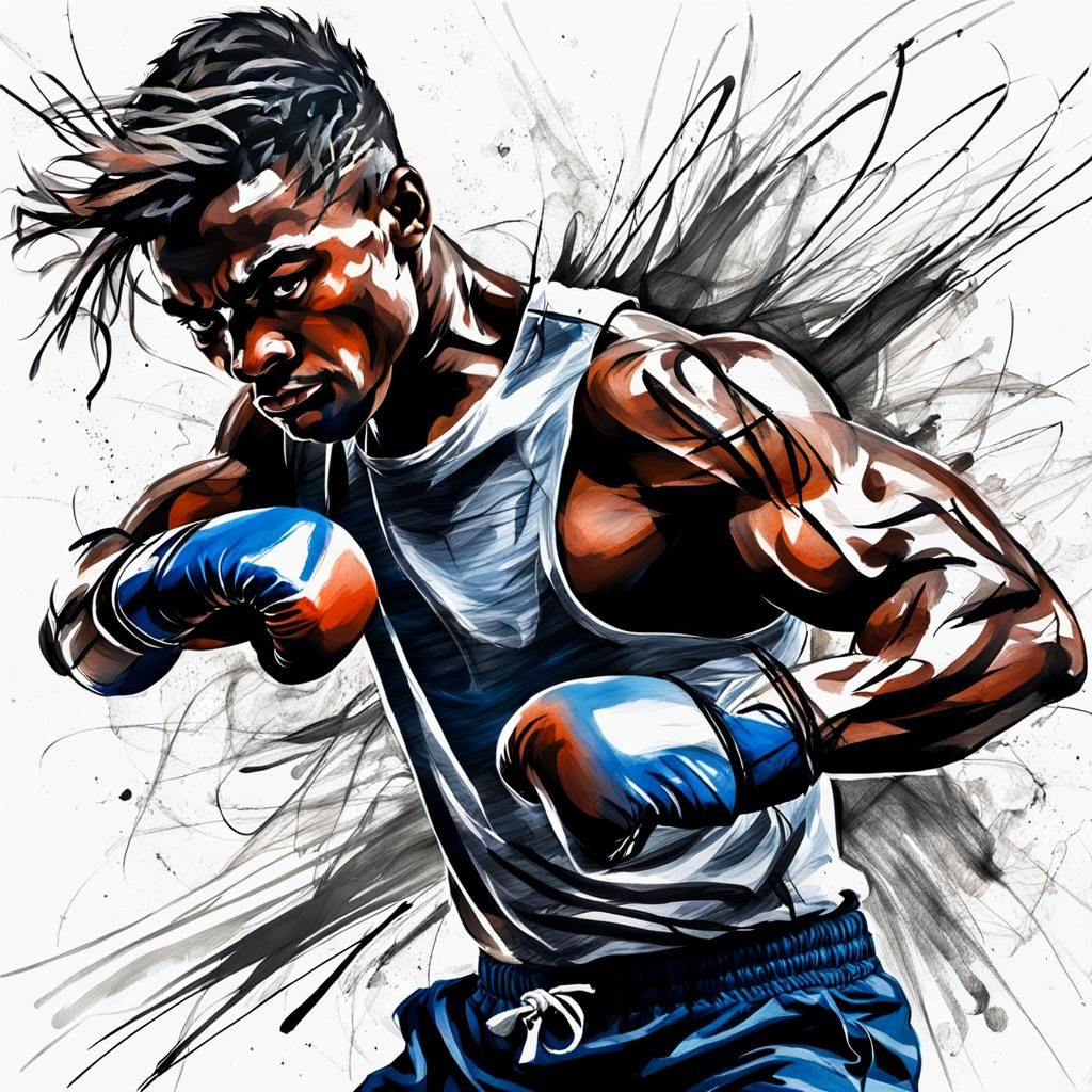 Energetic Boxing Portrait in Mixed Media Style