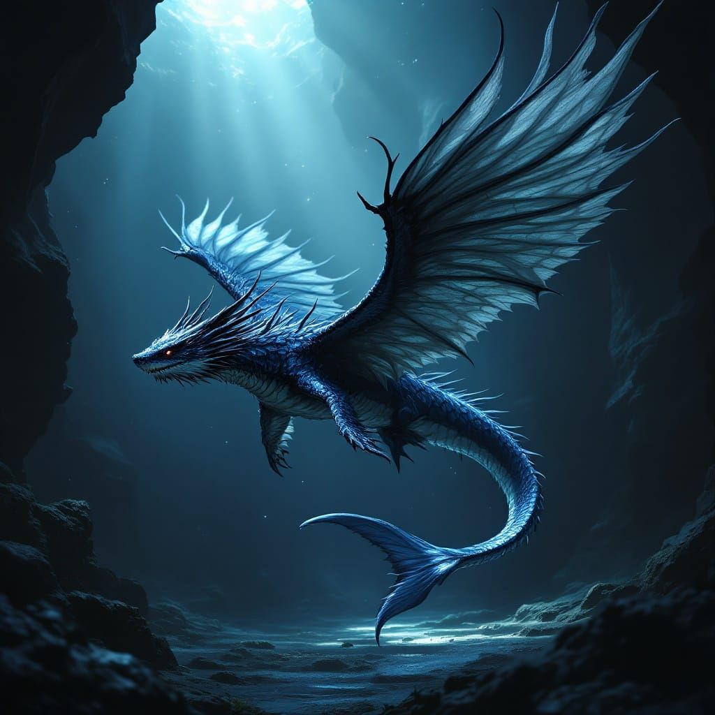 Dragon Shark Hybrid in Dark Underwater Trench