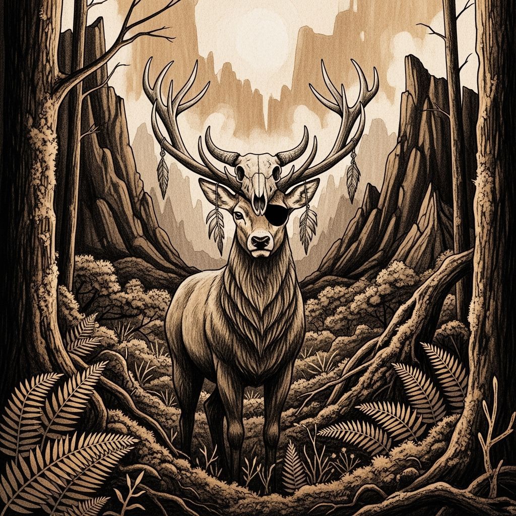 pirate stag in a dense, prehistoric charcoal drawing forest
