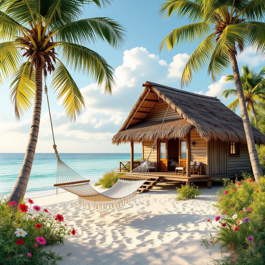 Serene Cabin on Tropical Beach with Pastel Colors