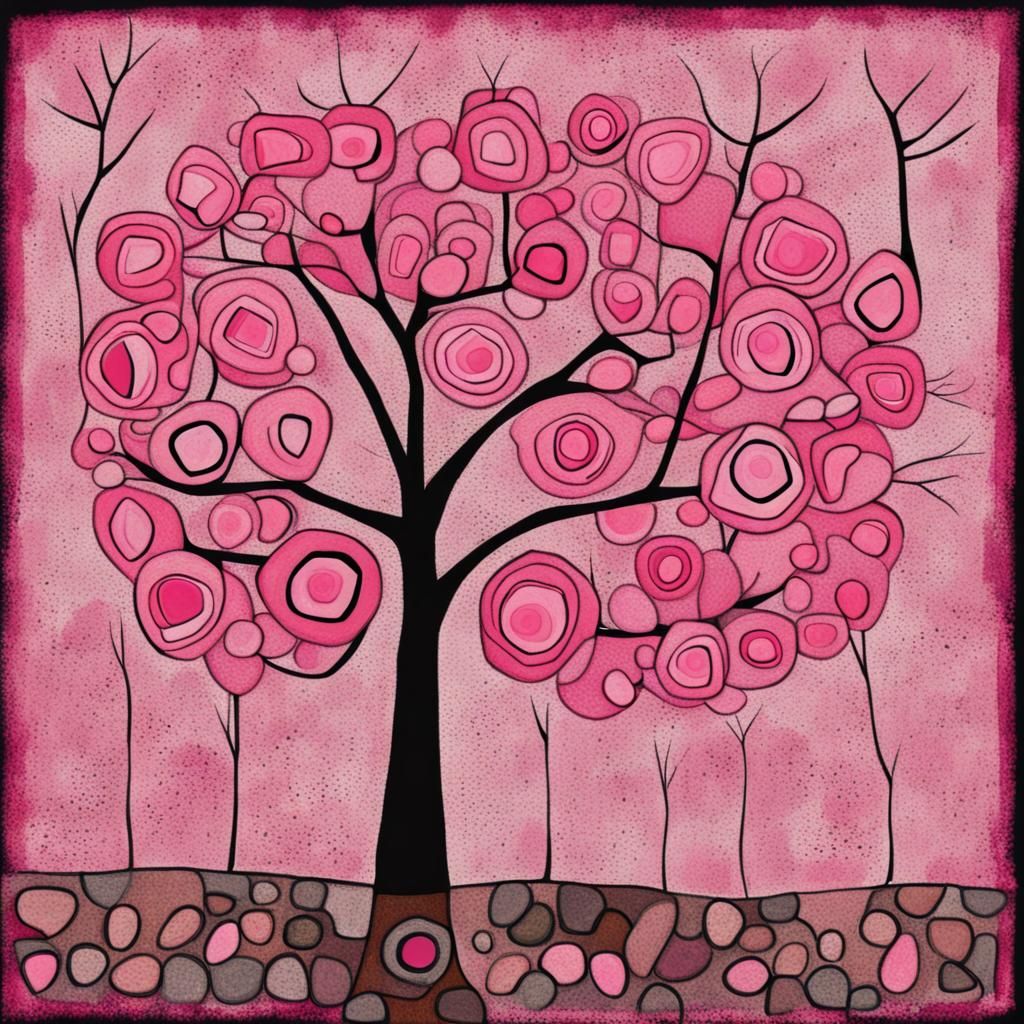 Blooming Pink Tree in Art Brut Style