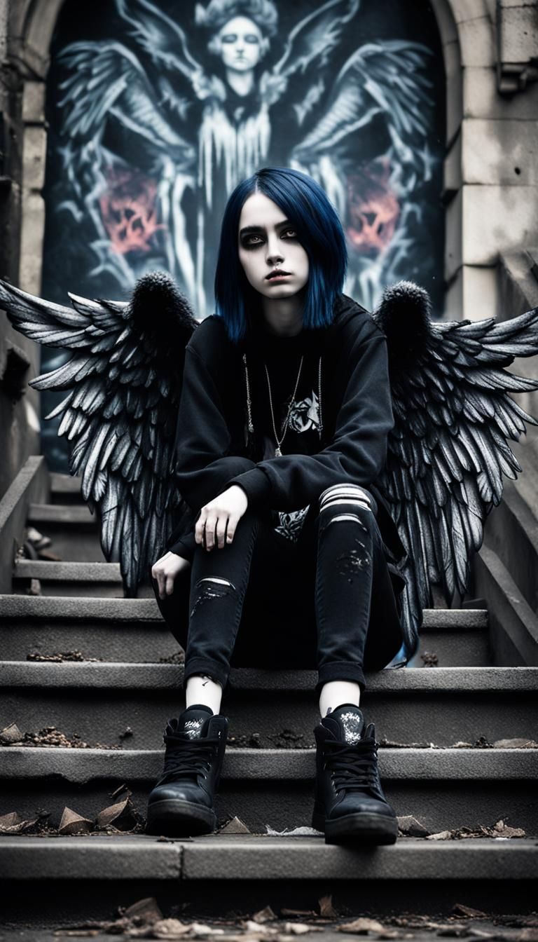 Emo Girl with Angel Wings Graffiti in Gothic Art