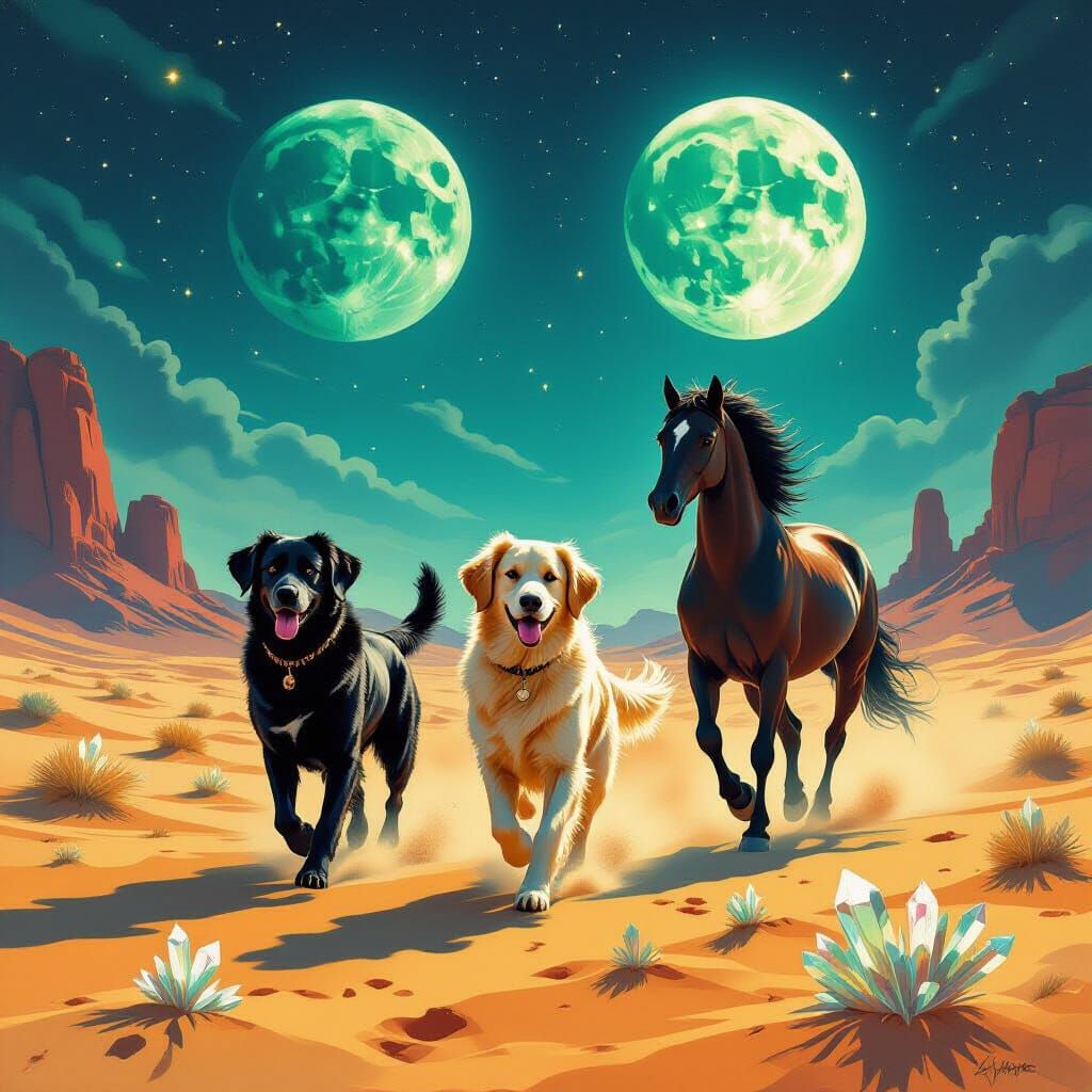 Dogs and Arabian Stallion in Alien Desert Landscape