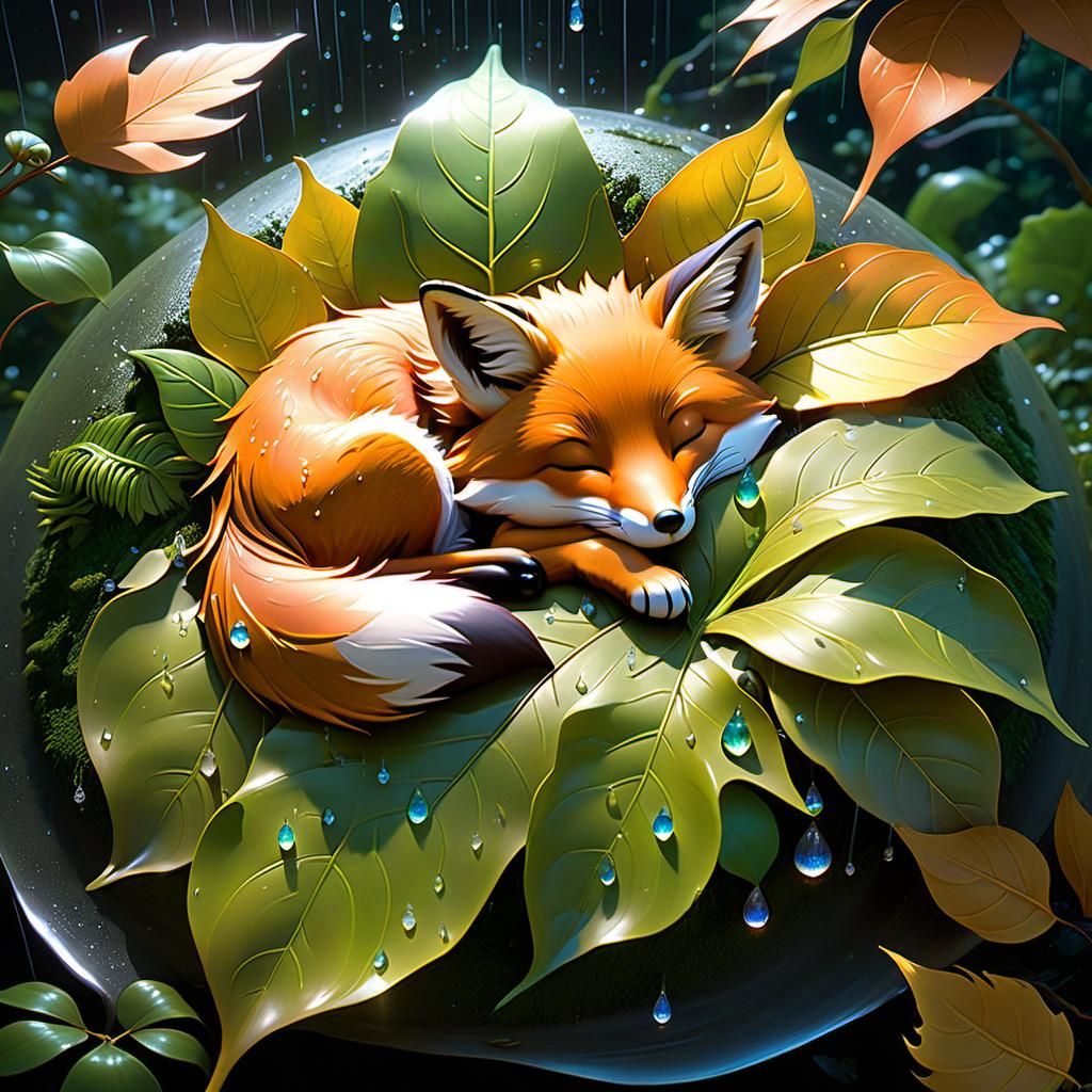 Fox Sleeping in Leaf with Rain, Hyperrealistic