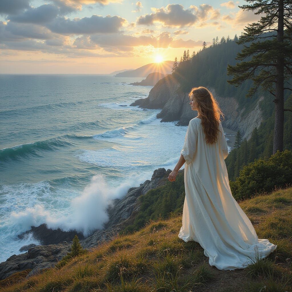 Serene Fantasy Maiden Amidst Turbulent Seascape in Impressio...