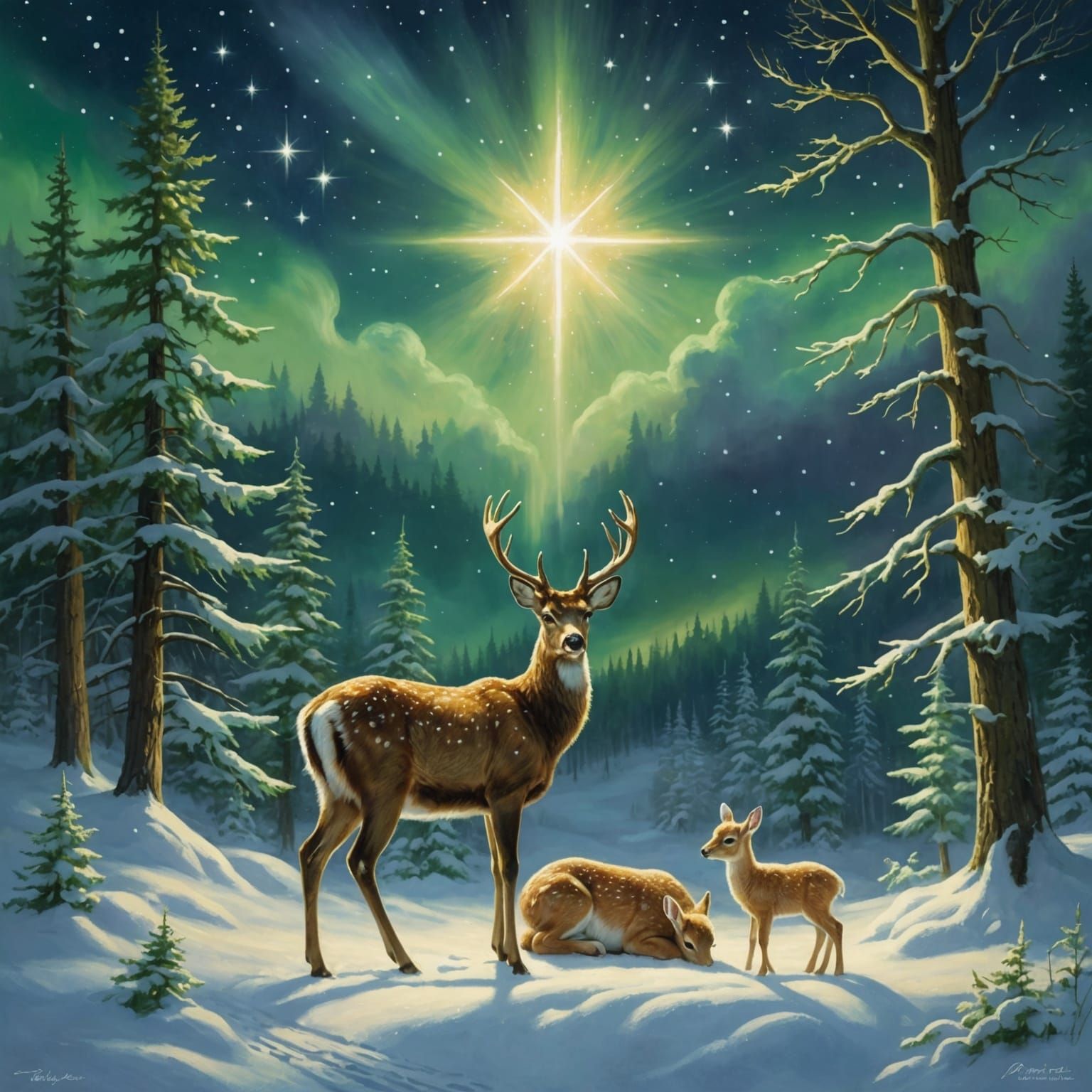 Nativity Scene with Deer, Thomas Kinkade Style