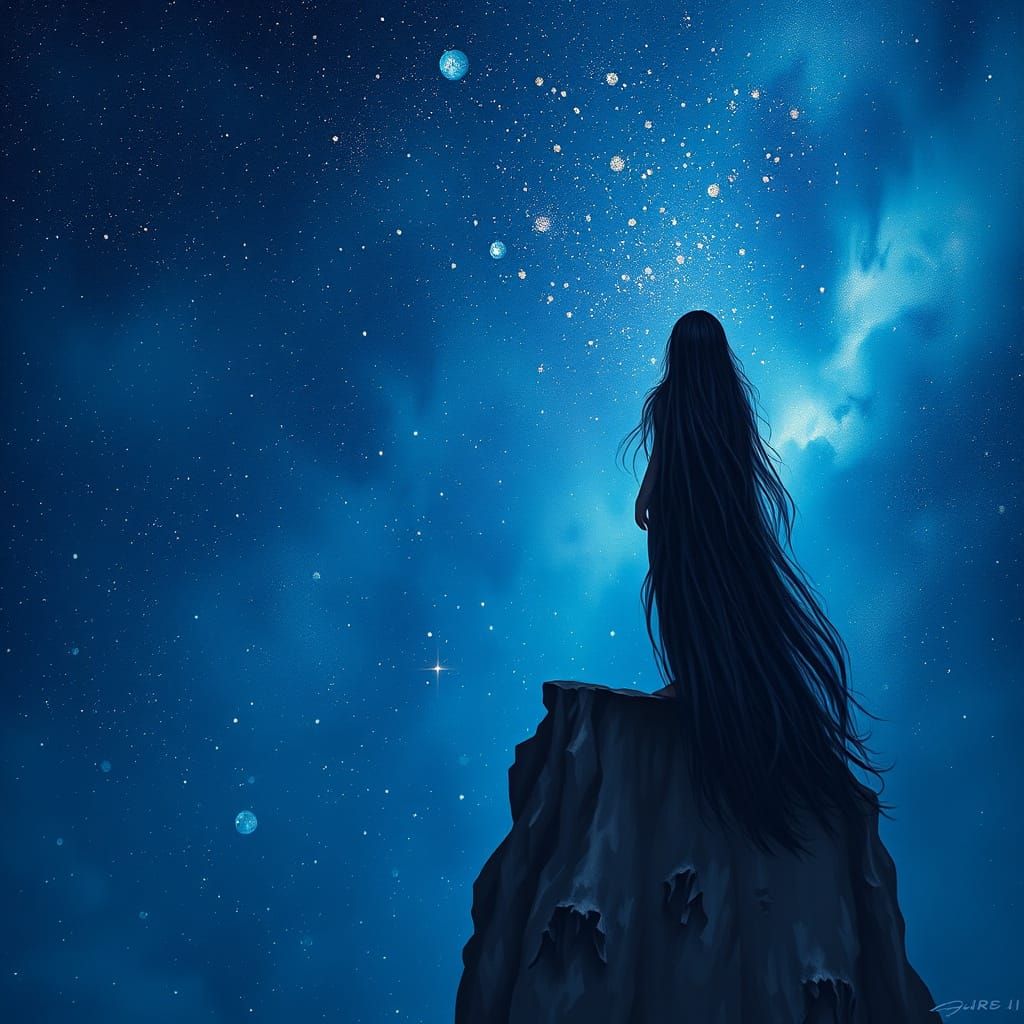 Celestial Wonder: Dark Hair Shines Like Starry Night Sky