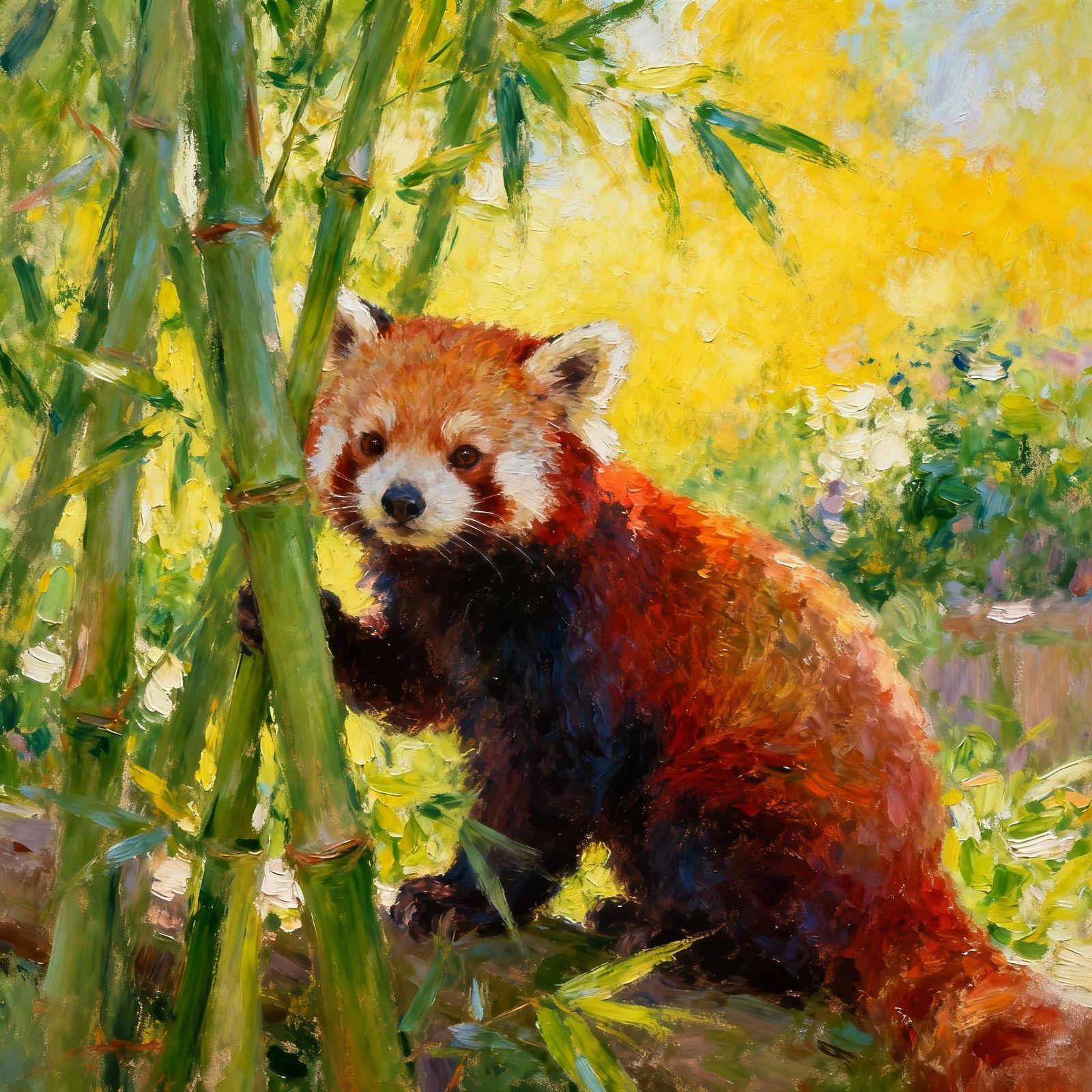 Red Panda in Bamboo Thicket, Impressionist Oil Painting