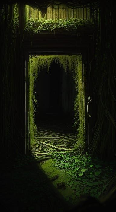 Mystical Door at Abandoned Skyscraper in Dark Fantasy