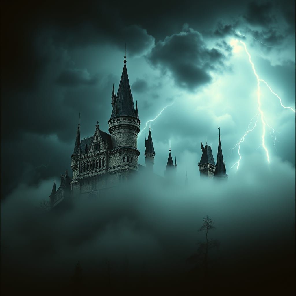 Eerie Castle Amidst a Tempestuous Forest in a Gritty, Cinema...