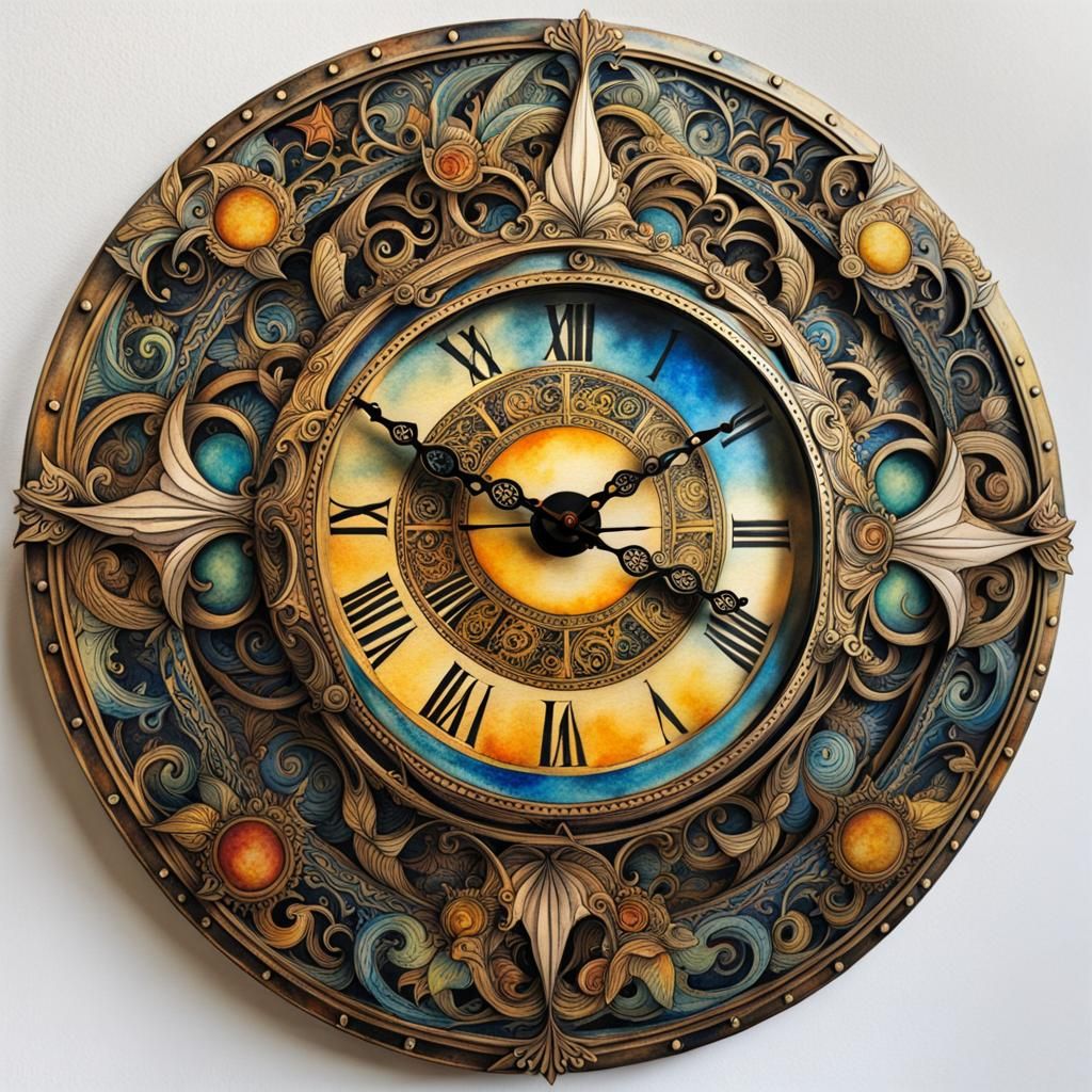 Clockpunk Clock in Arthur Rackham Watercolor Style