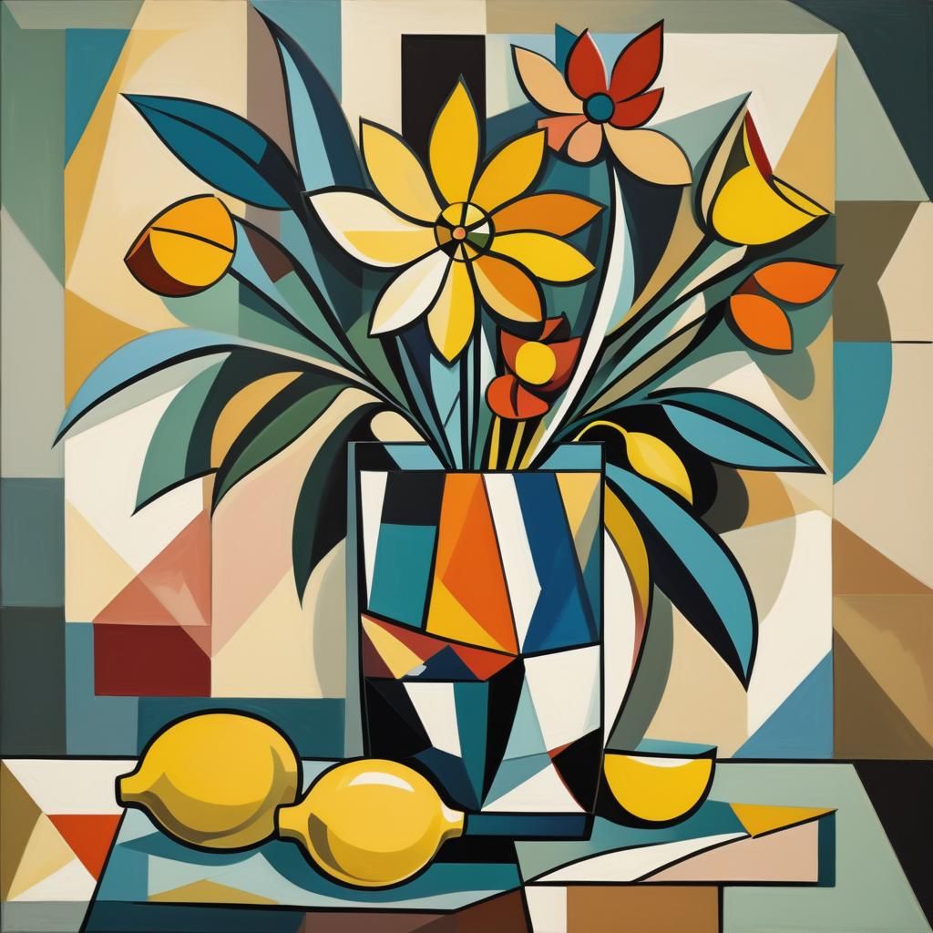 Geometric Still Life with Lemon in Cubist Style