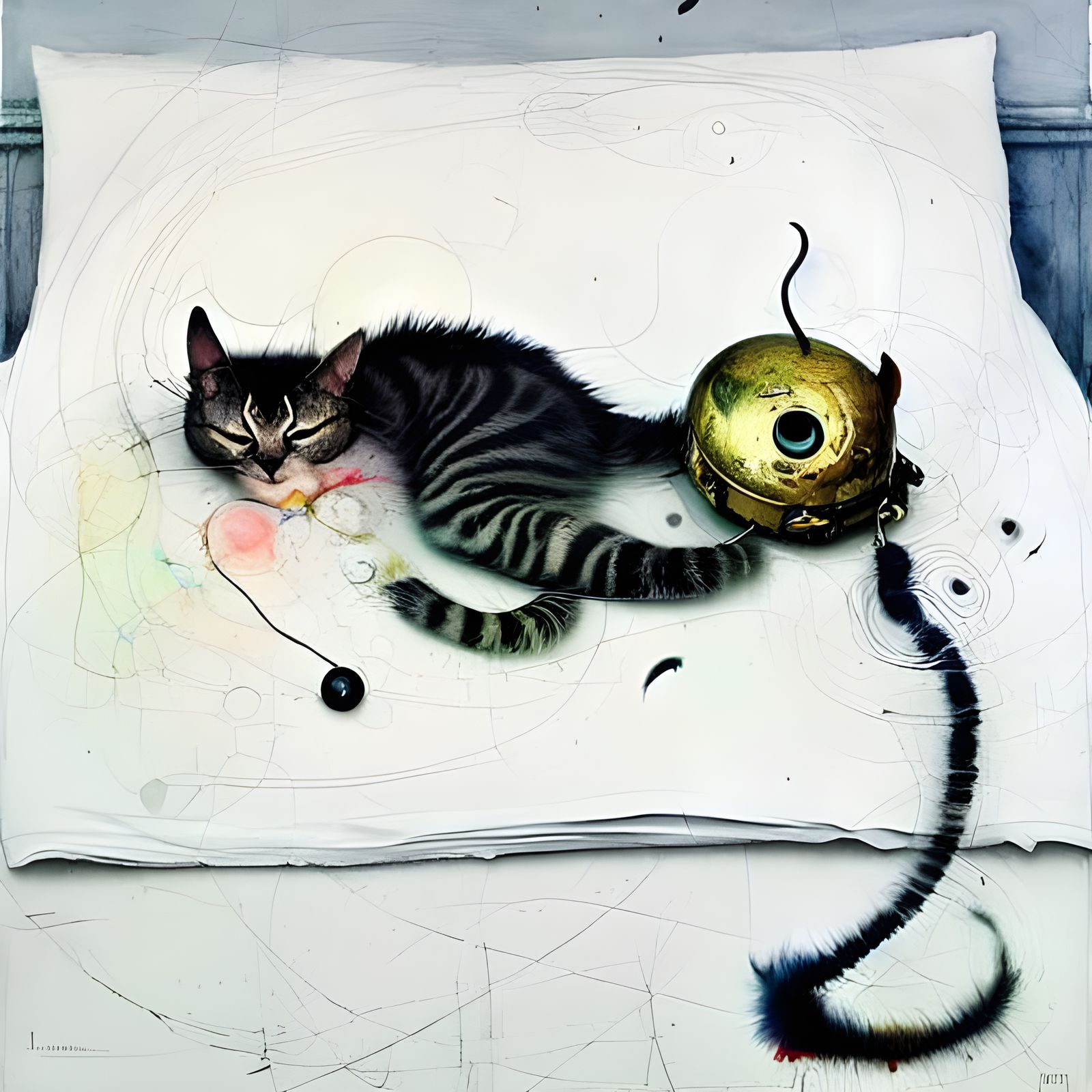 Hyperrealistic Cat and Ostrich Feather Pillow Painting