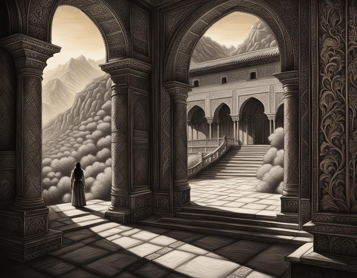 Dramatic Charcoal Drawing of Woman Before Palace