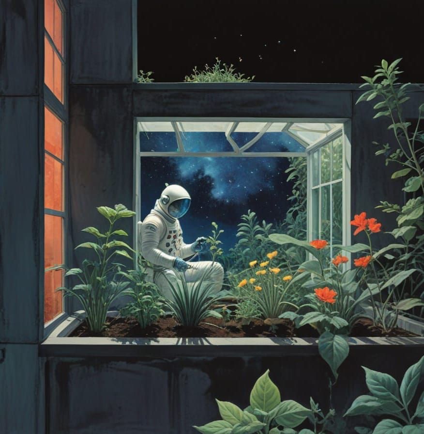 Man Studies Plant in Sci-Fi Rooftop Garden Night