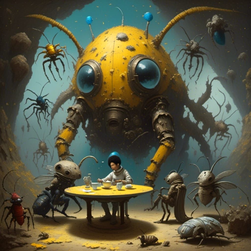 Astronaut's Tea Party with Curious Bug Aliens