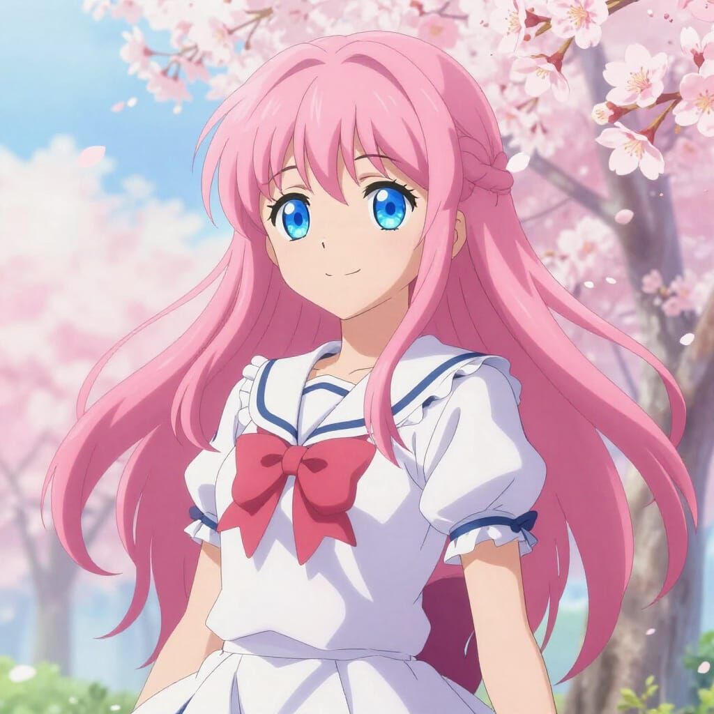 Anime Girl with Pink Hair and Sailor Uniform in Pastel Scene...