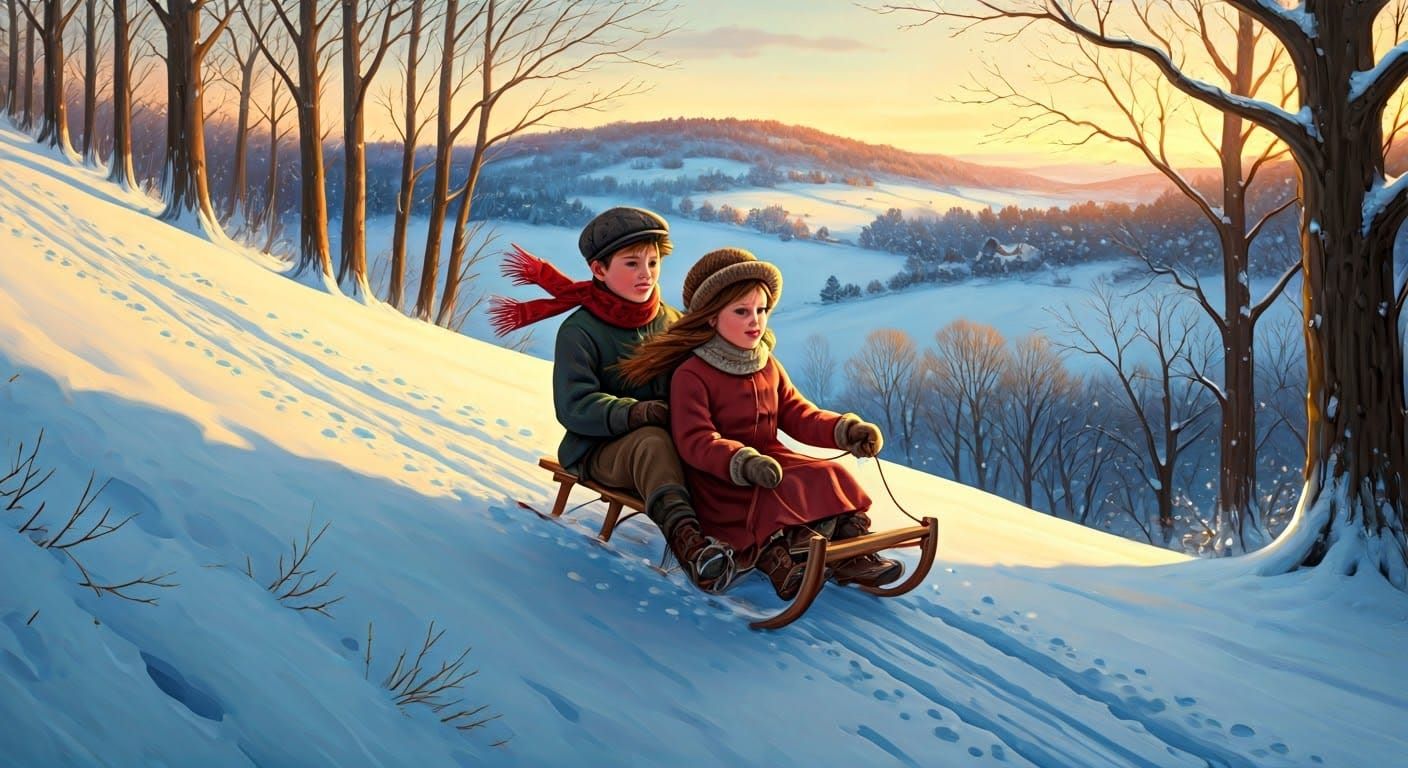 Sister and Brother Sled Ride Down Snowy Hill in Winter