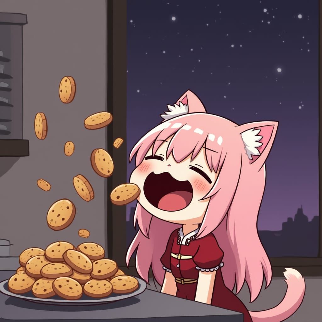 Chibi Catgirl Devours Cookies Under Starry Night Sky