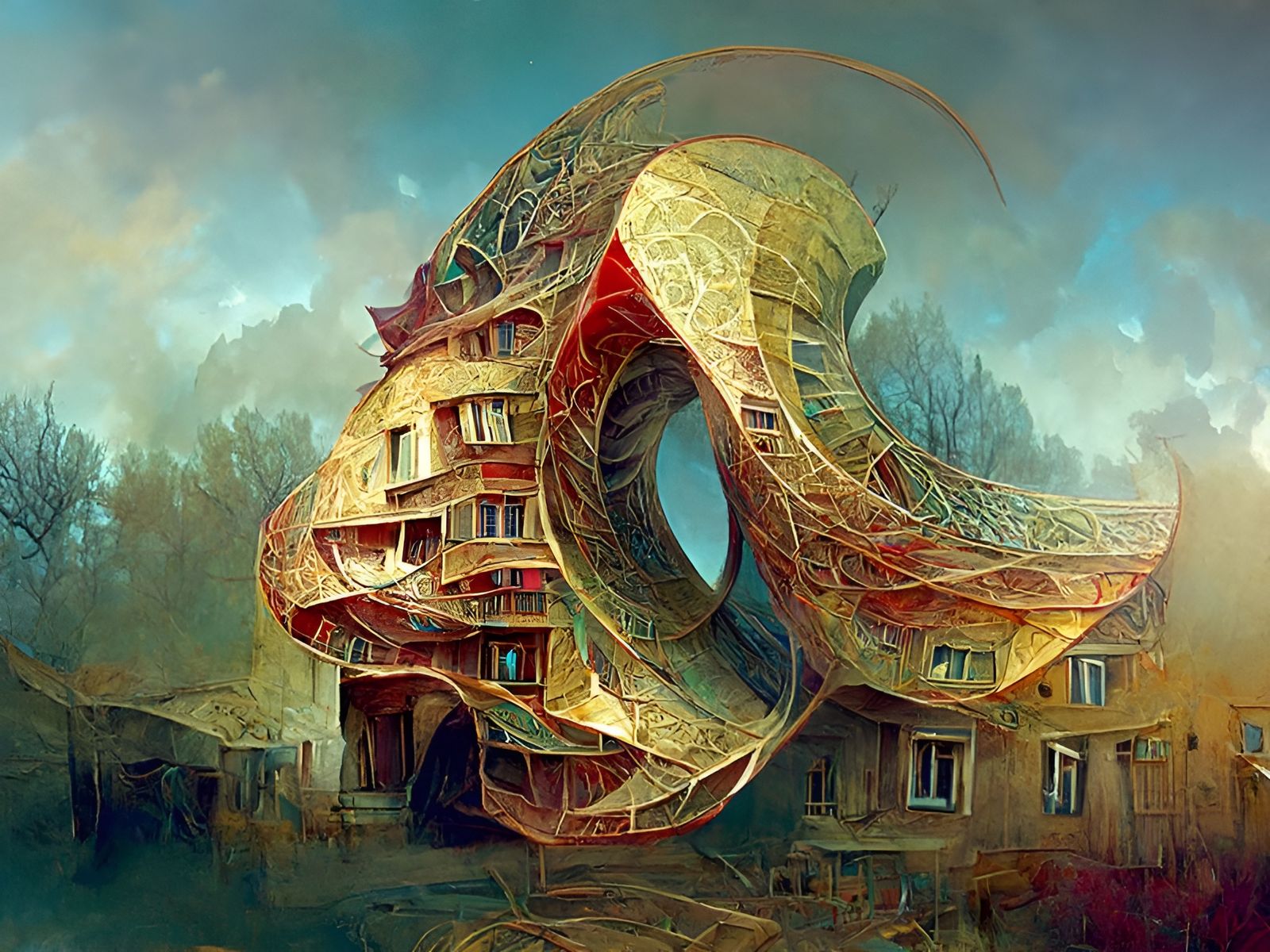 Colorful Complex House in Maximalist Photoillustration Style